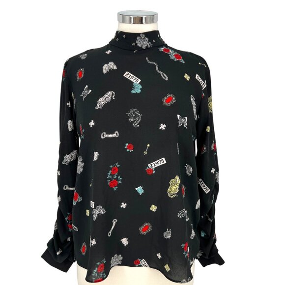 Zara High Neck Z1975 Floral Nature Animal Print Blouse Black Size Medium - Picture 1 of 11